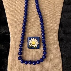 Vintage Blue Beaded Necklace with Enamel Flower Pendant